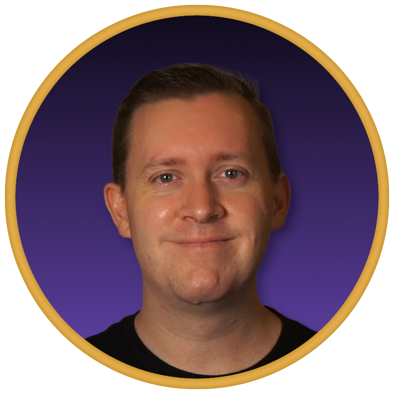picture of James Kaupert on purple background with gold border